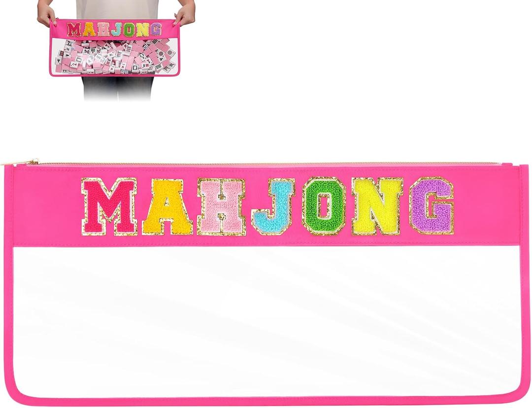 DEVPNR Clear Mahjong Tile Bag with Zipper, Waterproof Empty American Mahjong Storage Bag with Letters, Tile Holder for Game Accessories, Bag Only (Vibrant Rosered)