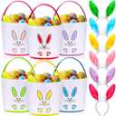 Domensi 12 Pcs Easter Basket Set for Kids Canvas Easter Baskets with Handles and Plush Bunny Ear Headbands, Reusable Small Bags Bulk for Egg Hunt Supplies(Footprints)