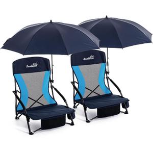 Folding Beach Chair with Umbrella for Adults, 2 Pack Portable Low Beach Chairs with 300lbs Capacity, Lightweight Fodable Camping Chair for Travel, Picnic, Concert & Outdoor Activities, Navy Blue, 27.5 x 22 x 20 inches