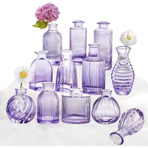 Glass Bud Vases Set of 12, Small Purple Vase Glass Vases for Flowers Modern Ribbed Colored Bud Vase for Decor Wedding Flower Vase in Bulk Vintage Decor Bridal Shower Centerpieces Home Table Decoration