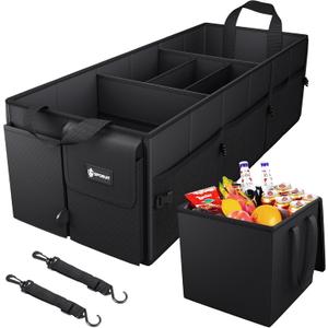Sposuit Trunk Organizer with Insulated Leakproof Cooler Bag, 98L Collapsible Car Storage Large Trunk Organizer for Car SUV Van with Removable Dividers & Adjustable Securing Straps
