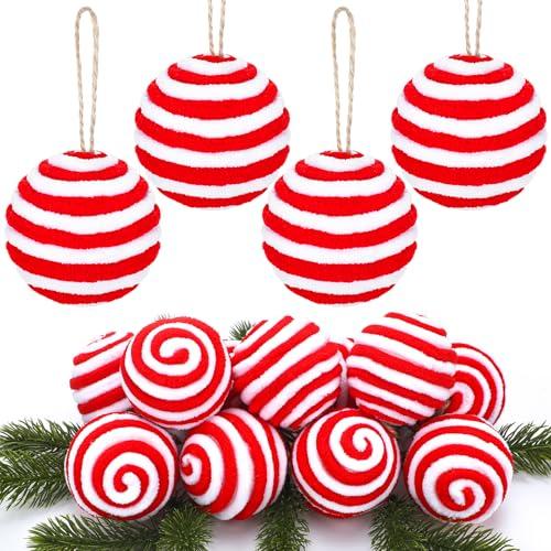 16 Pcs Red and White Candy Christmas Ornaments 2.36 Inches Hanging Fluff Peppermint Christmas Balls Tree Ornaments Xmas Elf Swirl Candy Cane Ball for Bowl Basket Vase Fillers