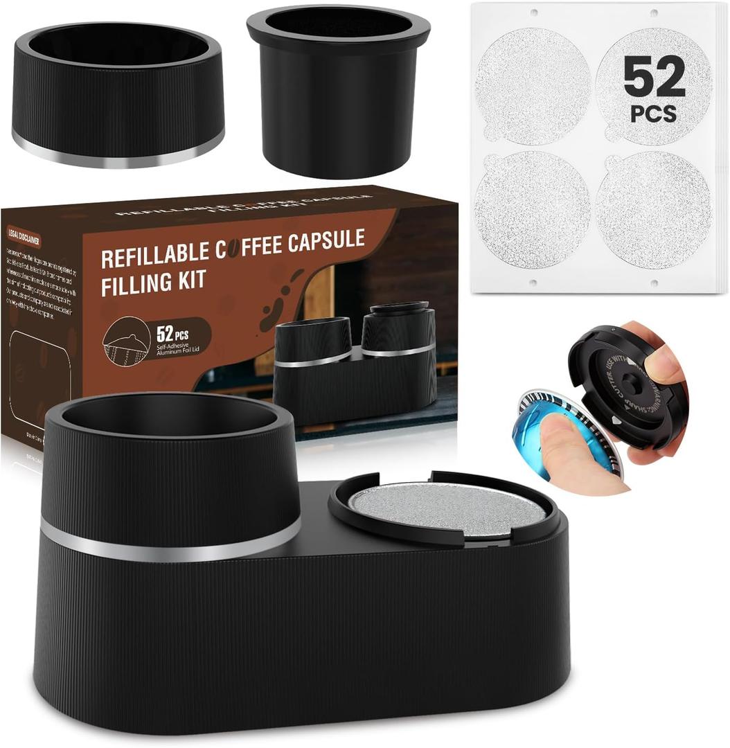Pro Mael Reusable Pods Kit for Nespresso Vertuo, Refillable Coffee Pods with 52 Pcs Aluminum Foil Lids for VertuoLine Capsules, Compatible for VertuoPlus Espresso Machine (Pods not included)