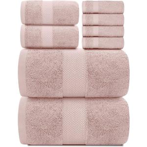 White Classic Luxury Bath Towel Set of 8 Pieces - 100% Turkish Cotton Highly Absorbent Towels for Bathroom, 2 Luxury Bath Towels 700GSM, 2 Hand Towels, 4 Washcloths, Pink