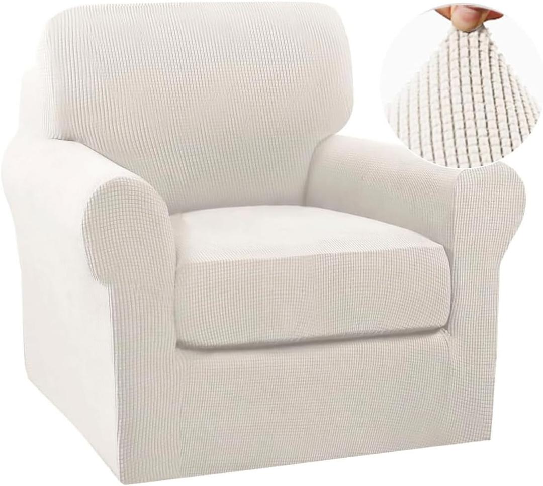 Turquoize 2 Piece Chair Covers Chair Slipcovers for Living Room Small Armchair Cover with Arms Washable Furniture Cover for Chairs Feature Thick Jacquard Fabric (Small Armchair, Ivory)