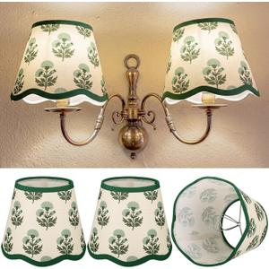 Lewtemi 2 Pcs Block Print Cotton Scalloped Lamp Shades Medium 4x5x6 Inch Chandelier Lampshades Natural Tapered Lampshades with Trim for Table Lamp and Home Decor
