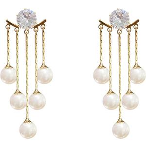 Long Tassel Pearl Dangle Earrings Crystal Bow Earrings Luxury Full Rhinestone Gold Drop Earrings Wedding Party Jewelry Gift for Women