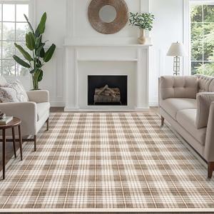 GarveeHome Checkered Machine Washable Area Rugs 8x10, Stain Resistant Non Slip Backing Low-Pile Rug Indoor Outdoor Carpet for Living Room Office Bedroom Dining Room Nursery Beige