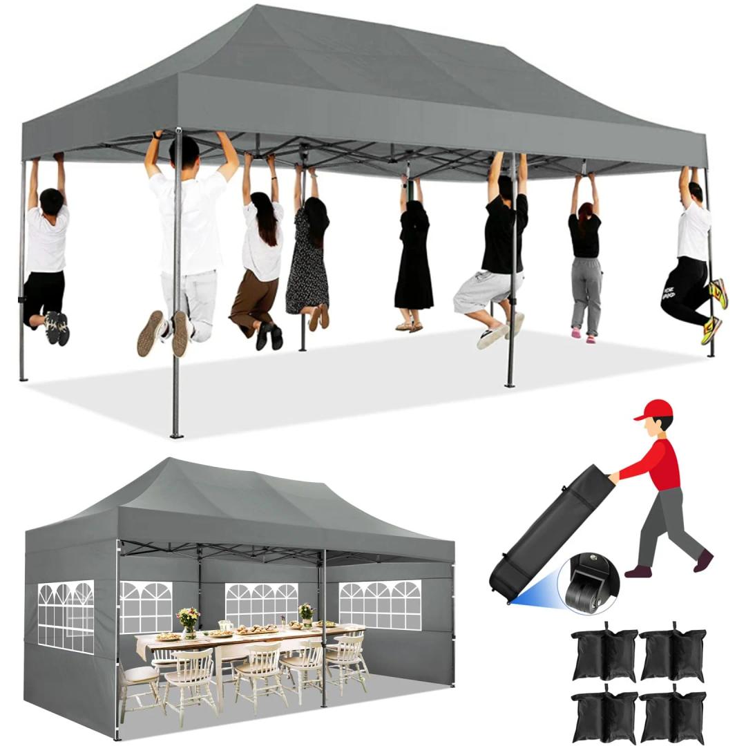 COBIZI 10x20 Pop Up Canopy Without Sidewall, Heavy Duty Canopy UPF 50+ All Season Wind Waterproof Commercial Outdoor Wedding Party Tents for Parties Canopy Gazebo with Roller Bag(10 x 20 ft Gray)