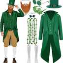 St Patricks Day Costume 10 PCS Adult Leprechaun Costumes Men Steampunk Tailcoat with Hat Glasses Bead Necklaces Beard (Small)