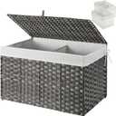GREENSTELL Storage Basket with Lid, 17.2 Gallon(65L) Small Wicker Blanket Storage Basket with Handles, Foldable, 2 Removable Liner Bags, Metal Frame, for Bedroom, Laundry Room, Grey, 22.2"*13.4"*13.4"