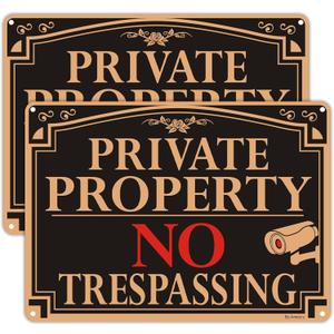 2 Pack No Trespassing Sign Private Property, 10x7 Video Surveillance Signs,Fade&Rust Resistant Aluminum Metal, Easy to Install.