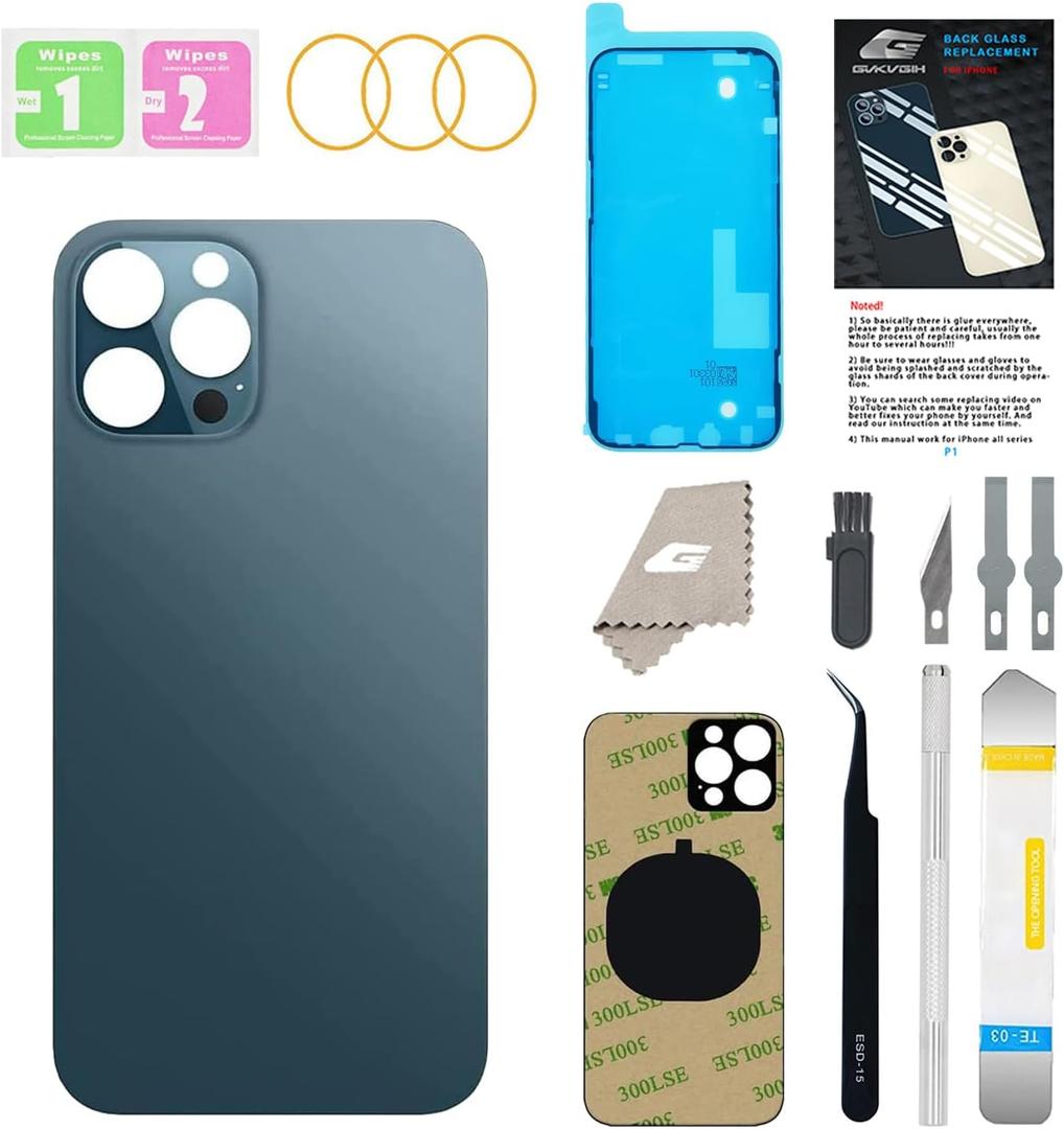 Back Glass Replacement for iPhone 12 Pro Max with Repir Tools, Big Hole Rear Back Cover Glass Replacement All Carriers with Pre-Installed Adhesive and Repairing Tool Kits (Pacific Blue)