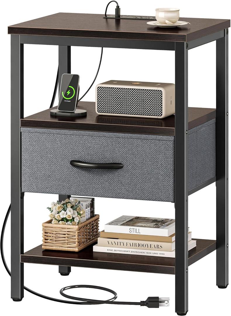 SUPERJARE Nightstand with Charging Station, Bed Side Table with Adjustable Fabric Drawer, Night Stand for Bedroom, 3-Tier Storage End Table, for Living Room - Walnut (M (11.8"D x 15.7"W x 23.4"H))