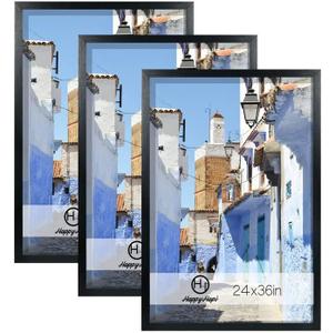 HappyHapi 24x36 Poster Frame, Black Picture Frame for Wall Gallery, Vertically and Horizontally Display Posters, Paintings and Artworks, 3 Pack