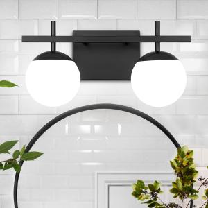 Bathroom Light Fixtures Over Mirror, Black Vanity Lights for Bathroom with White Frosted Glass, 2-Light Modern Vanity Lighting Fixtures Globe Sconces Wall Light for Bedroom Living Room Cabinet Bathroom Light Fixtures Over Mirror, Black Vanity Lights for Bathroom with White Frosted Glass, 2-Light Modern Vanity Lighting Fixtures Globe Sconces Wall Light for Bedroom Living Room Cabinet