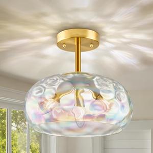Gold Semi Flush Mount Ceiling Light, 12''& 3-Bulb Vintage Ceiling Light Fixture, Stained Glass Shade Hanging Hammered Lampshade for Hallway, Kitchen, Farmhouse, Foyer, Bedroom - Bulbs Not Included (Rainbow)