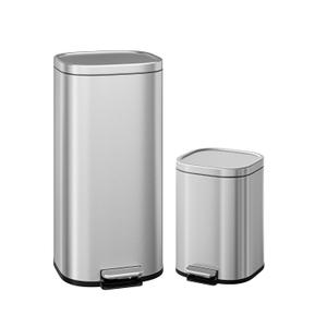 Garvee 30L & 6L Stainless Steel Step Trash Can Set of 2, 8+1.6 Gallon Rectangular Kitchen Trash Can with Quiet Close Lid, Hands-Free Foot Pedal, Powder-Coated Finish, Stainless Steel Color for Home