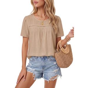 Vrtige Women's Tops Lace Crochet Boho Blouses Short Sleeve Crewneck Casual Flowy Eyelet Shirts (S)