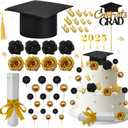 Graduation Cake Kit Included Felt Graduation Cap Diploma Congrats Grad Cupcake Toppers Ball Cake Topper Butterfly Flowers Cake Decorations for Class of 2025 Graduation Party (Black)