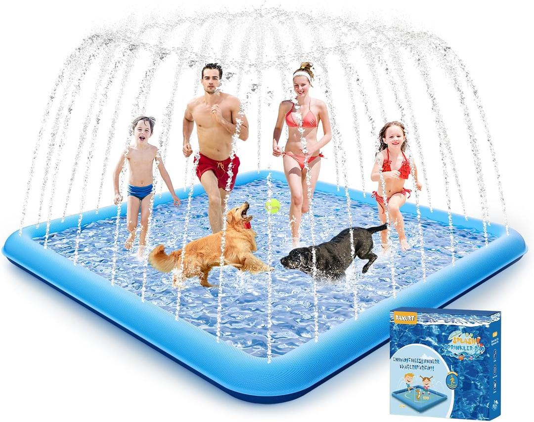Splash Pad, 107"- 80" Non-Slip Splash Pad for Kids and Dogs, Thickened Durable Square Dog Pool with Sprinkler Summer Outdoor Water Toys for Toddler Girls Boys Children Pet (Blue)