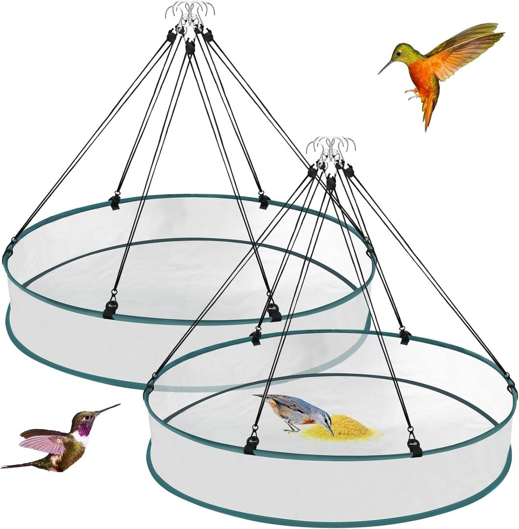 2 Pcs Bird Seed Catcher Tray for Hanging Bird Feeder Platform, 24 Inch Large Birds Feeder Trays with Adjustable Hanging Hoop for Outdoor Garden Lawn