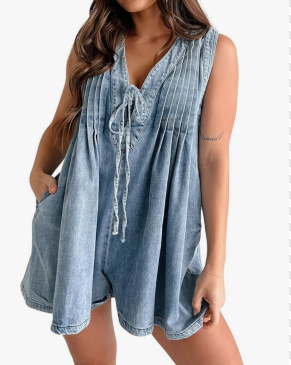 Womens Summer Casual Sleeveless Denim Romper Tie Front V Neck Jean Overall Shorts Romper With Pockets (Medium)