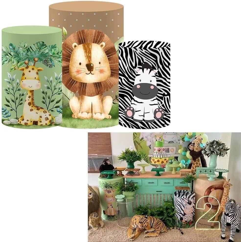Cartoon Lion Spandex Round Cylinder Fabric Table Covers Boys Jungle Wild Birthday Party Decorations Pedestal Stand Tablecloth Cover Baby Shower Banquets Parties(Fit for D16''xH36'' Tables)