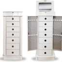 Hives and Honey Nora Jewelry Armoire Cabinet with Mirror  7 Drawers, Locking Top, Necklace Hooks, Anti-Tarnish Felt  Traditional Standing Jewelry Organizer for Women, White