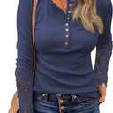 BTFBM Women Long Sleeve Shirts Spring Solid Button Up V Neck Lace Long Sleeves Slim Fit Knit Casual Fall T-Shirts 2026 (Large, Grey)