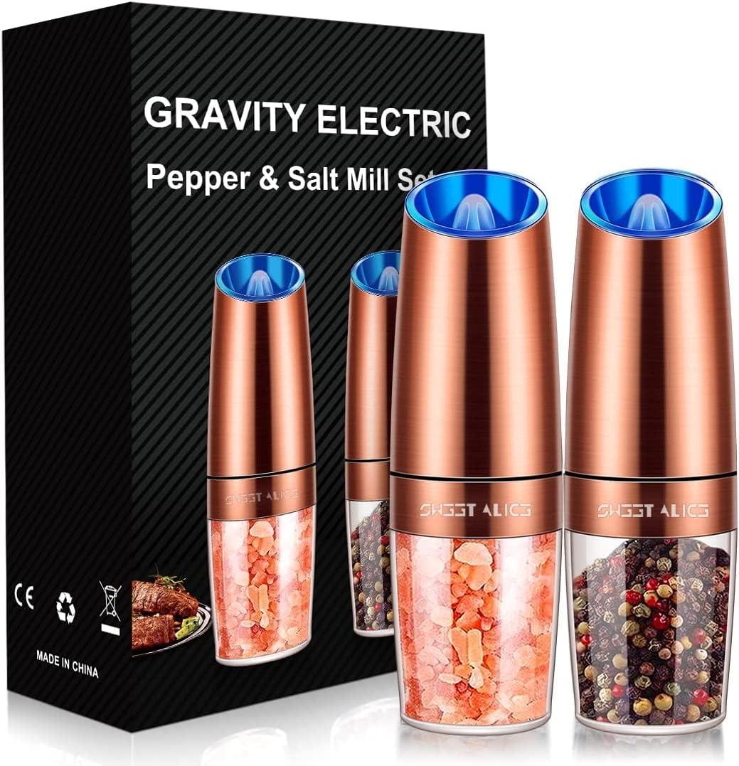 Gravity Electric Pepper and Salt Grinder Set, Adjustable Coarseness, Battery Powered with LED Light, One Hand Automatic Operation, Stainless Steel Copper, 2 Pack (2.5*2.5*7.9inch)