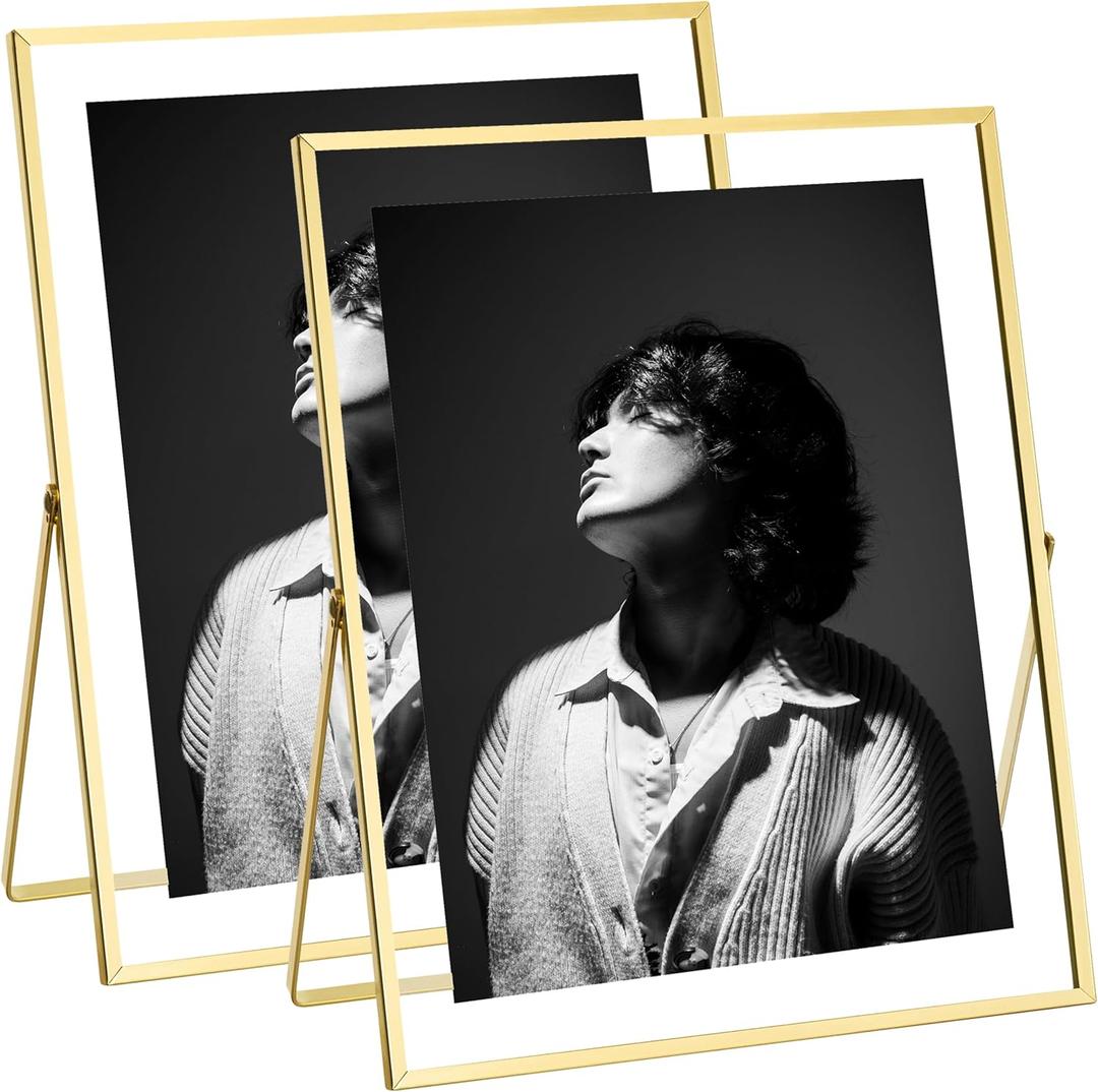 eletecpro 8x10 Metal Picture Frame Set of 2 with Real Glass Cover, Tabletop Display Photo for Multiple Size up to 8x10, Gold Floating Photo Frame for Wedding, Party, Home Decor, Vertical