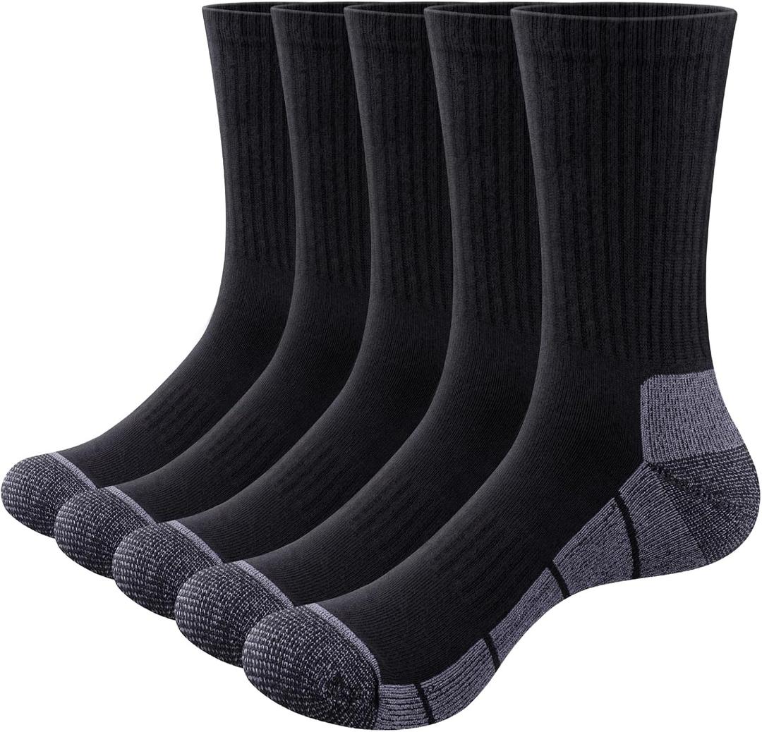 Womens Cushioned Crew Socks For Women, Moisture Wicking Casual Everyday Work Gym Golf Training Athletic Socks, 5 Pairs (6-9, Black)