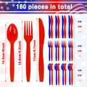 180 Pieces 4th of July Plastic Silverware Heavy Duty Plastic Cutlery Set Disposable Utensils Includes Spoons Forks Knives for Memorial Day Decorations Utensil Flatware Independence Day