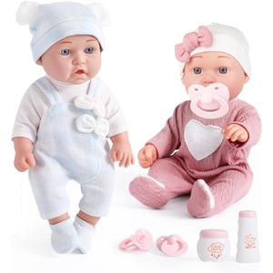 eDollable 12 inches Realistic Twins Baby Doll with Clothes and Pacifiers, Boy and Girl Baby Dolls Toy Set for Toddler Girls 36 Months and Up