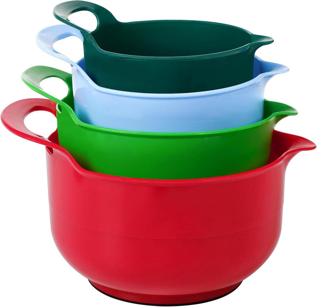 BoxedHome 4 Pack Nesting Mixing Bowl Christmas Set with Pour Spout and Handle, BPA free Microwave & Dishwasher Safe(Christmas colours, 4 Pack with Handle, Random colour silicone scraper included) (reddish green)