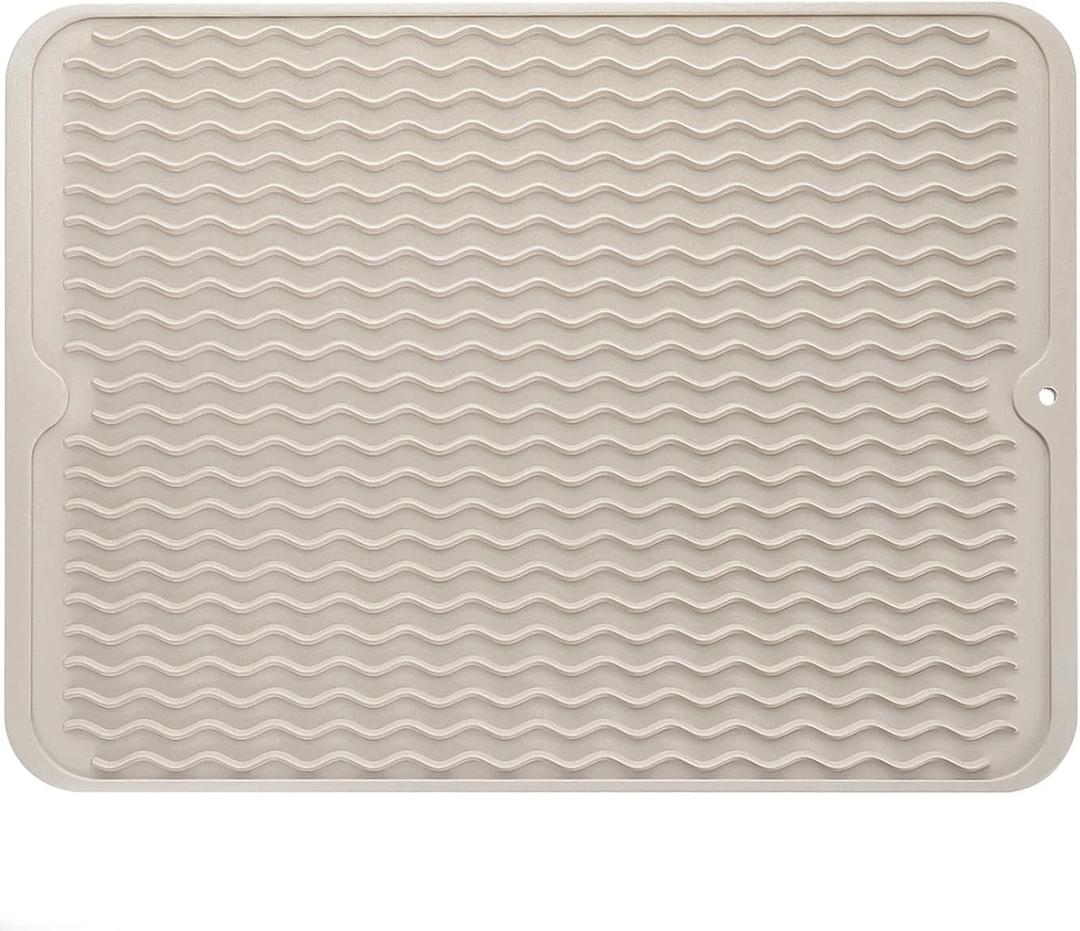 MicoYang Silicone Dish Drying Mat for Multiple Usage, Easy clean, Eco-friendly, Heat-resistant Silicone Mat for Kitchen Counter or Sink, Refrigerator or drawer liner Tapioca L 16 inches x 12 inches