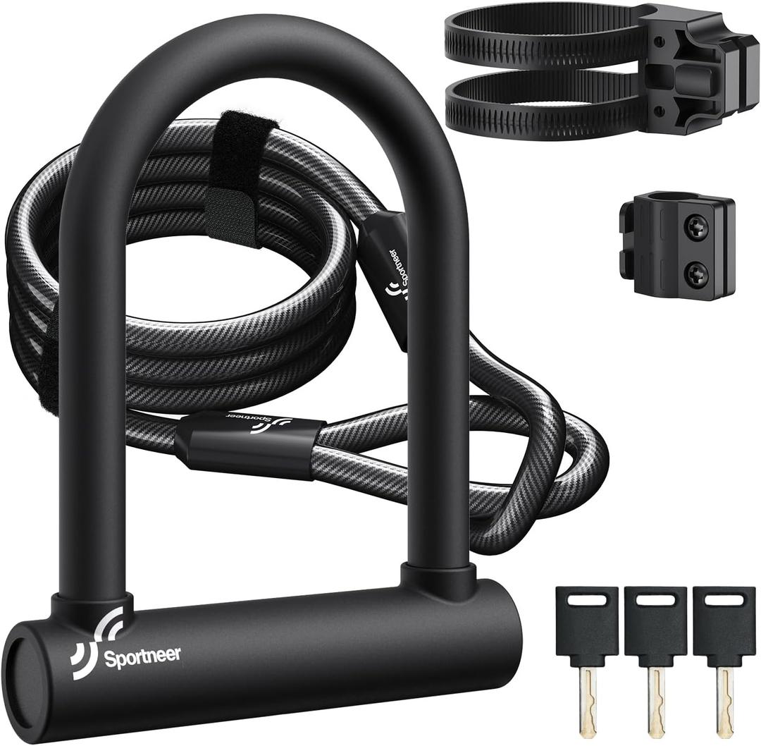 Sportneer Bike U Lock: 18mm Shackle Heavy Duty Bike Lock with 6ft Security Steel Cable - Bicycle U-Locks with Keys and Sturdy Mounting Bracket for Road Mountain Bike Bicycle, Size 7.87''x6.3''