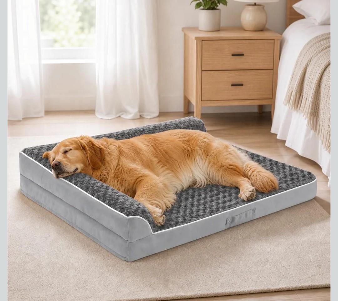 Dog Beds Large Sized Dogs, XL Orthopedic Dog Beds for Large Dogs 42"x30"x7.5", Waterproof Pet Bed with Washable Cover, L-Shaped Pet Couch with Portable Handle, Grey