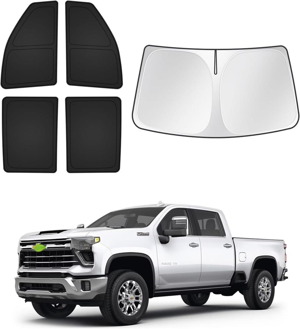 Sunshades for Chevrolet/Chevy Silverado 2500 3500 Crew Cab 2020-2026 Accessories Windshield Sun Shade Side Rear Window Shade Cover Sun Visor Shield Privacy Protection Keep Car Cool Black 5PCS