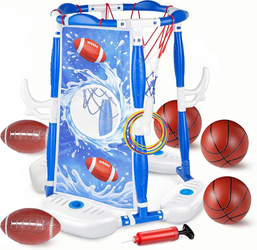 PJG Pool Basketball Hoop, 3-in-1 Floating Poolside Basketball Ring Game Football for Kids Ages 3-12, Outdoor Summer Swimming Pool Party Water Toy for Family Adults Boys Grils Birthday Gift (Blue)