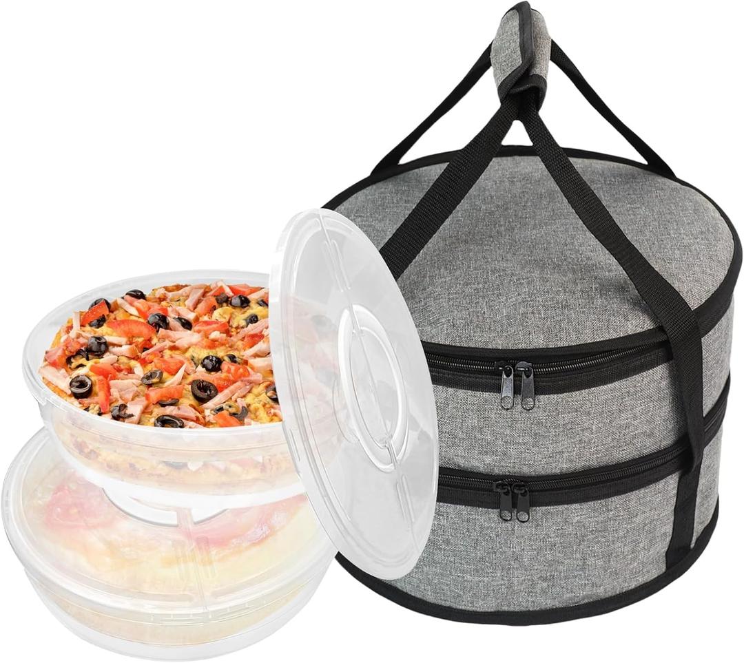12" 2 Pack Pie Carrier with Lid and Insulated Food Carrying Case Bag, Reusable Food Storage Containers for Pies, Cheesecake, Pizza, Nuts Fruit (Light gray)