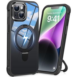 Magnetic Ring Stand Case for iPhone 13/14(Clear Black) | 16FT Military-Grade Protection Shockproof, Non-Slip, Anti Scratch, Textured Grip & Clear Back for Hands-Free Video Calls