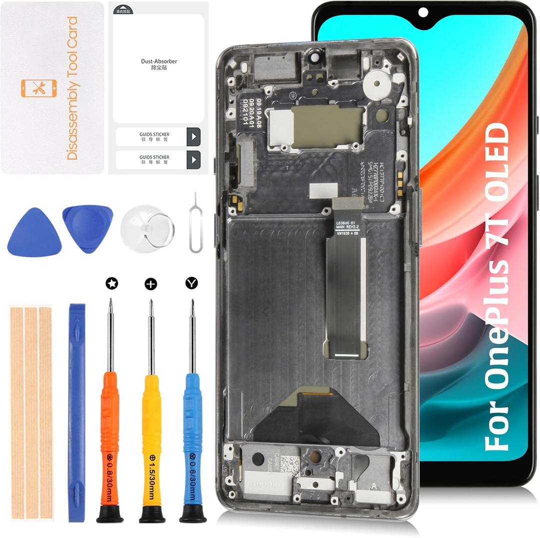 for OnePlus 7T 2019 1+7T 6.55inch OLED LCD Screen +Frosted Silver Frame Display Replacement Touch Digitizer Assembly Kit