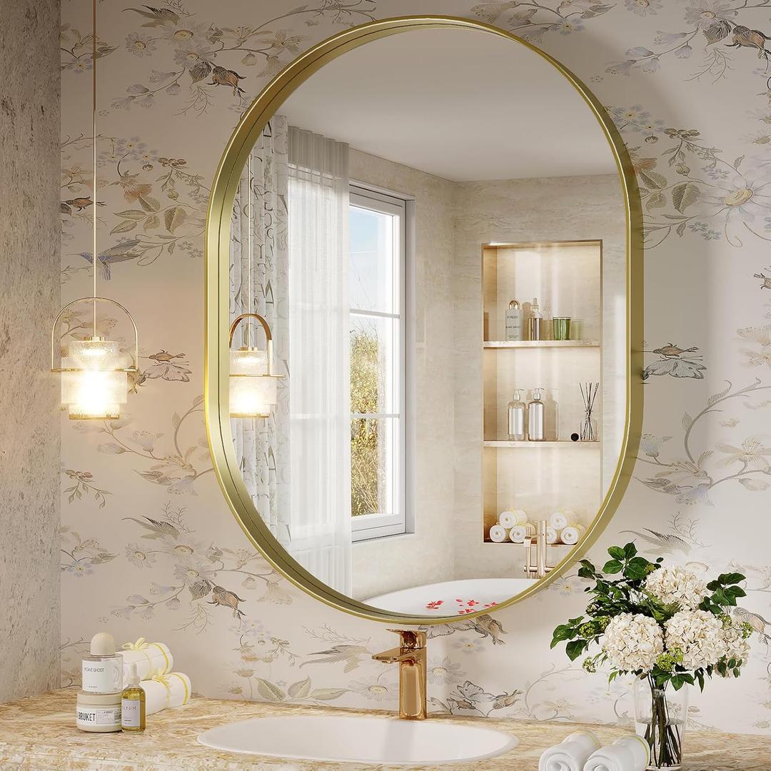JIINGYO Oval Mirror, 24"×32" Gold Bathroom Mirror, Oval Mirror for Bathroom, Gold Vanity Mirror for Wall, Entryway, Living Room, Wall Mount Mirrors Hangs Vertical or Horizontal