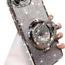 Glitter Kickstand Case for iPhone 17e/iPhone 16e,Cute Bling Sparkly Diamond Rhinestone with Camera Protector Liquid Flowing Ring Stand Soft TPU Women Girls Case for iPhone 17e/16e 6.1",Silver