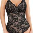 Popilush Shapewear Bodysuit V Neck Tummy Control Backless Lace Tank Tops Sleeveless Thong Bodysuit (Large, Black)