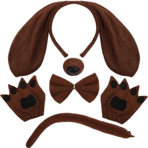 Coopay 5 Pieces Puppy Dog Costume Set Dog Ears Headband Nose Tail Bow Tie Paw Gloves Animal Costume for Carnival Halloween Cosplay Accessories (Brown)