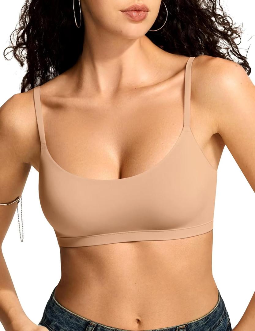 Vertvie Womens Wireless Bralettes Cami Bras Unlined Seamless No Underwire No Padding Scoop Neck Comfort T Shirt & Sports Bra (Large, Warm Nude)