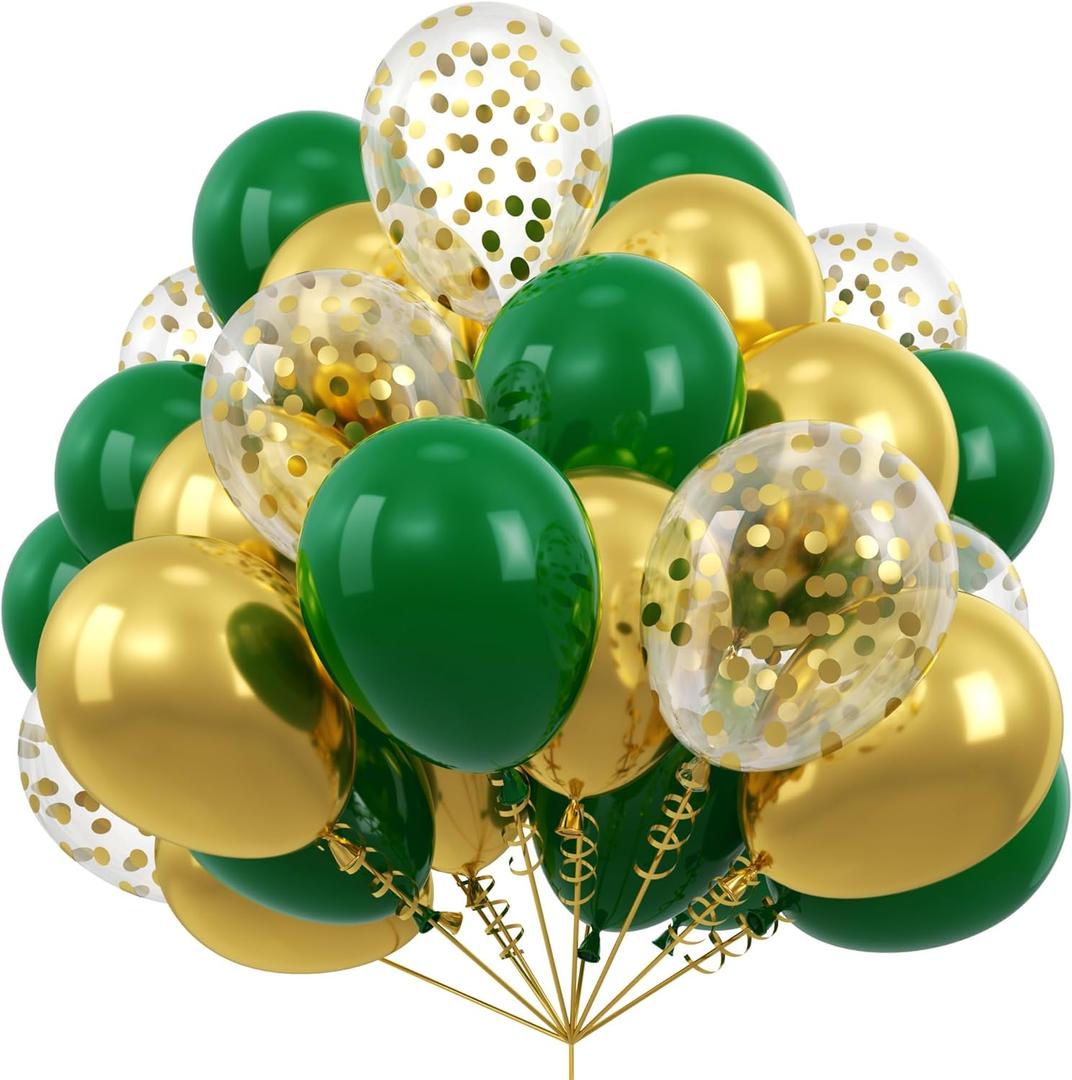 Kelfara St. Patrick's Green Gold Balloons 50Pcs 12 inch Metallic Gold Confetti Latex Balloon Kit with Ribbons for Christmas 2026 New Year Birthday, Jungle Party, Wedding Anniversary Prom Decorations